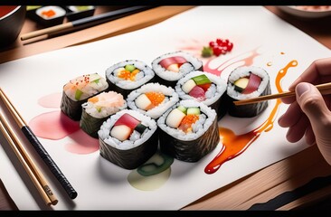 Row of different kinds of fresh magi roll in white ceramic dish isolated on white background with cliping path, closeup, side view. Nigiri sushi on a plate