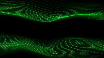 Green double wave with motion dots and lines. Abstract digital background. Concept connection big data. Futuristic technology backdrop. 3D rendering. © Liudmyla