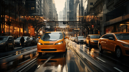 Dynamic Scene of a Yellow Taxi Dominating the Busy City Traffic on Rain-Slicked Streets, Urban...