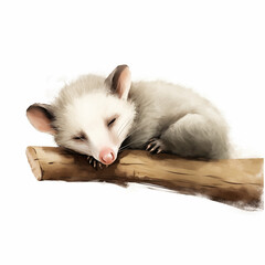 Cute sleeping watercolor opossum with herbal elements in pastel colors