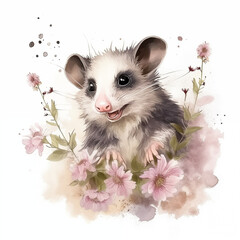 Cute watercolor opossum with herbal elements in pastel colors