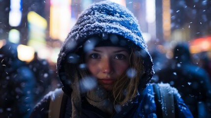 Young Caucasian Woman with Snow-Dusted Hood, Capturing the Essence of Winter in the City at Night Amidst a Snowfall