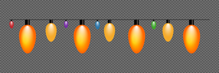 Christmas lights isolated on transparent background. Xmas glowing garland.
