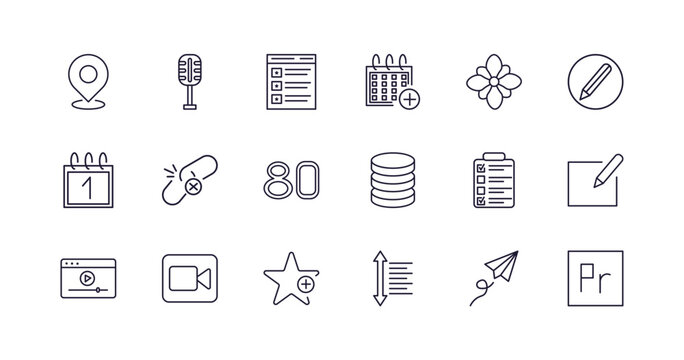 editable outline icons set. thin line icons from user interface collection. linear icons such as tracking, mic interface, add event, video in browser, height, premier