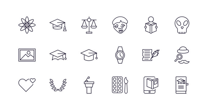 editable outline icons set. thin line icons from education collection. linear icons such as physics, graduation hat, quasimodo, love, watercolor, thesis