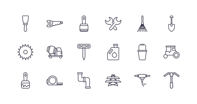 editable outline icons set. thin line icons from construction tools collection. linear icons such as putty knife, carpenter saw, garage wrench, paint brush, electric tower, gardening digger