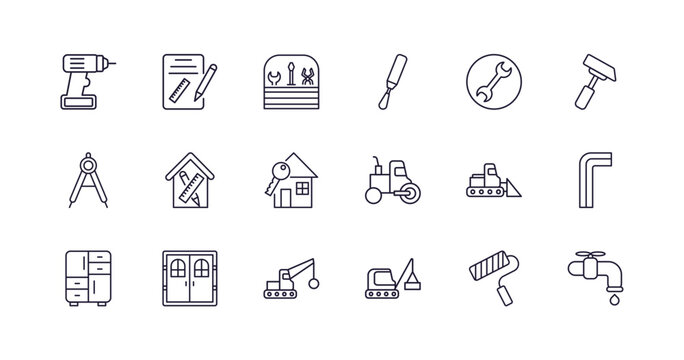 editable outline icons set. thin line icons from construction collection. linear icons such as electric drill, measures plan, chisel, big clo, derrick with boxes, stopcock