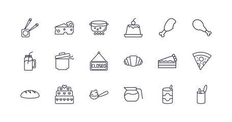 editable outline icons set. thin line icons from bistro and restaurant collection. linear icons such as sushi piece, piece of cheese, creme caramel, load of bread, coffe pot, open tin with spoon - obrazy, fototapety, plakaty