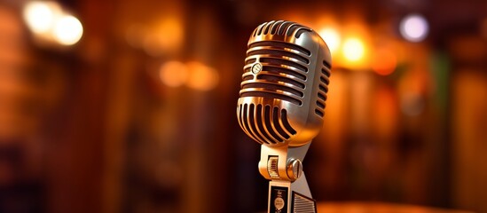 Microphone on stage with wooden bench blur light background - obrazy, fototapety, plakaty
