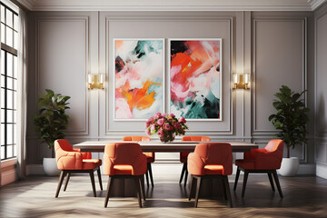 Fototapeta na wymiar A dining room featuring a monochromatic color schem