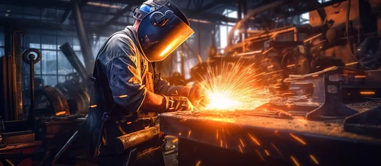 Foto auf Leinwand Man is working at metal factory with helmet © Dzikir