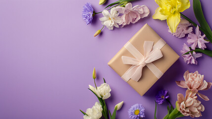 Mother's Day decorations concept. Top view photo of trendy gift boxes with ribbon bows and spring flowers on isolated pastel purple background with copy space.