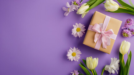 Mother's Day decorations concept. Top view photo of trendy gift boxes with ribbon bows and spring flowers on isolated pastel purple background with copy space.
