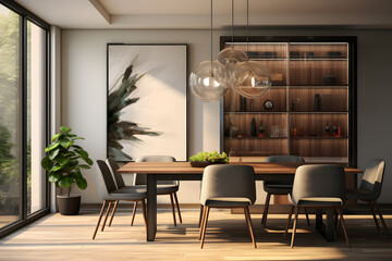 A dining room with a sleek built in buffet  - obrazy, fototapety, plakaty