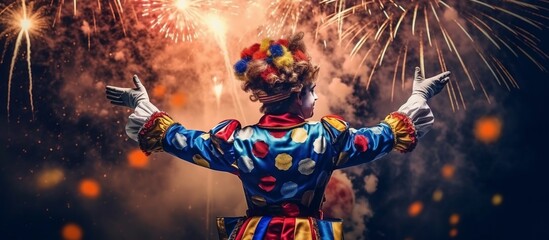 Happy harlequin clown with fireworks on background backview - obrazy, fototapety, plakaty