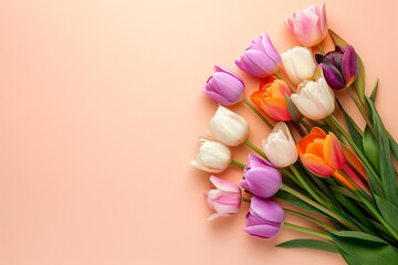 Fototapeta na wymiar Mother's Day or Women's Day decorations concept. Tulip flowers on isolated pastel pink background.