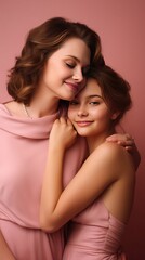 Close up portrait of lovely, charming daughter and mother hugging over pink background, embracing with mum, close eyes, leisure, holidays, weekend, comfort, mother, women's day