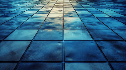 A grid of blue squared tiles are on the ground.