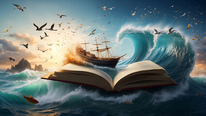Ożywiona przygoda morska wyłaniająca się z książki - obrazy, fototapety, plakaty