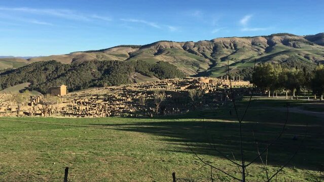 High-angle footage of the ancient Roman town of Djemila. Setif, Algeria. UNESCO World Heritage Site.
