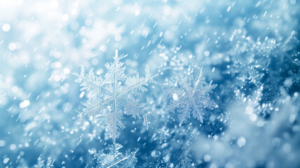 冬のワンダーランド、優しく降る冷ややかな雪の結晶、クリスマスのイメージ。 - obrazy, fototapety, plakaty
