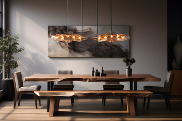 A dining space with a statement light fixture