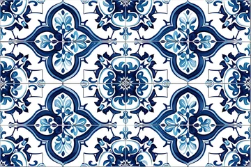 Stof per meter Portuguese azulejo tiles. Blue and white gorgeous seamless patterns. © Lubos Chlubny