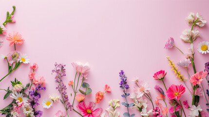 Mother's Day or Women's Day decorations concept. Spring flowers on isolated pastel pink background with copy space.