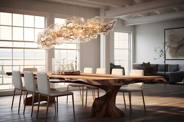 A dining space with a statement light fixture