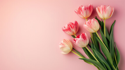 Mother's Day or Women's Day decorations concept. Tulip flowers on isolated pastel pink background with copy space.