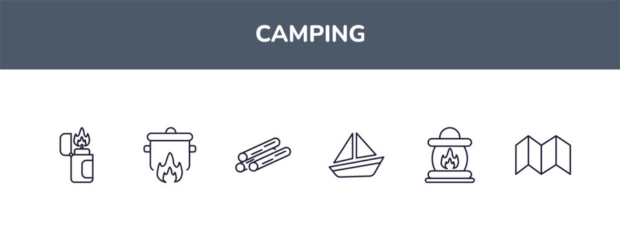 editable outline icons set. thin line icons from camping collection. linear icons included lighter, pot on fire, firewood, boat, fire lamp, map