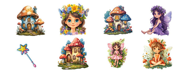 Set of stickers, fairies and their houses, 8 images in the style of children's illustration on a transparent background, generated AI
