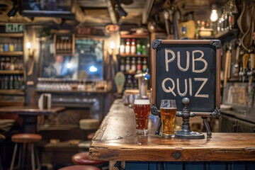 A cozy pub atmosphere invites patrons to a fun pub quiz night, with a chalkboard sign prominently displayed in the foreground and glasses of beer awaiting participants.