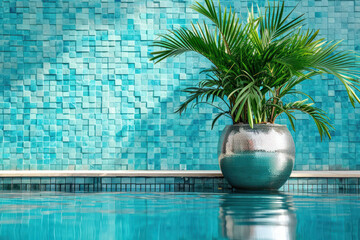 A vibrant potted plant adds a touch of greenery against the geometric blue tiles of a serene...