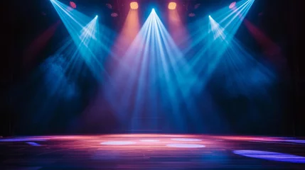 Foto op Plexiglas An empty stage is dramatically lit with vibrant blue and purple spotlights, casting a hazy glow and creating an anticipation for the upcoming performance © Mirador