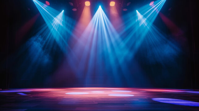 An empty stage is dramatically lit with vibrant blue and purple spotlights, casting a hazy glow and creating an anticipation for the upcoming performance