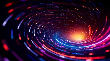 Foto op Plexiglas A spiral of colorful lights on a black background. Abstract swirling vibrant neon lights wallpaper. Futuristic header concept. © Leon K