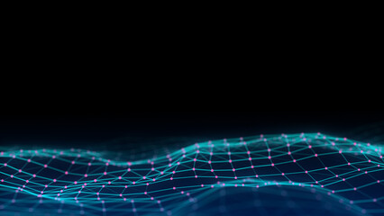 Colors wave with motion dots and lines. Abstract digital background. Concept connection big data. Futuristic technology backdrop. 3D rendering.