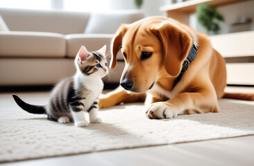 A dog is looking curious at the kitten in a living room