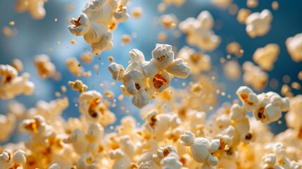 Pieces of popcorn fly in the air. Popcorn on a blue background.  - obrazy, fototapety, plakaty
