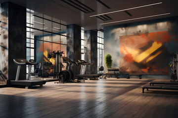 A gym featuring a mix of wood and metal textures  - obrazy, fototapety, plakaty