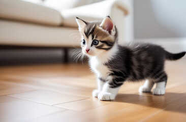 A nosy kitten in a livingroom 