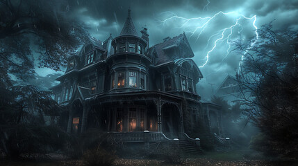 A chilling abandoned Victorian mansion with eerie ghosts peering through rain-streaked windows, emitting a bone-chilling atmosphere.