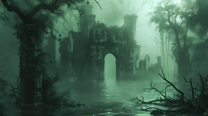 rain in the swamp of submerged ancient ruins - obrazy, fototapety, plakaty
