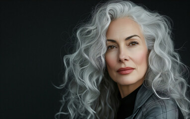 Fototapeta premium Fashion portrait of 40 year old woman with gray hair, the main trendy trend of the season