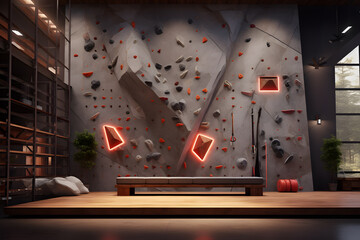 A gym room with a custom wall mounted rock climbing wall 
