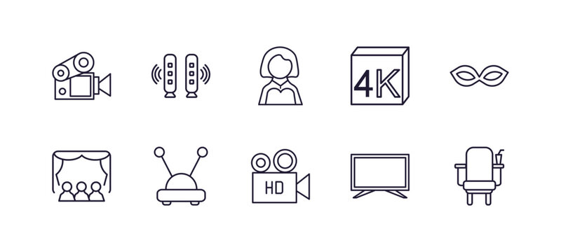 editable outline icons set. thin line icons from cinema collection. linear icons such as old projector, home theater, 4k fullhd, small carnival mask, hd video, cinema chair