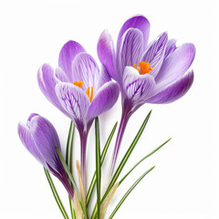 Close-Up of Purple Crocus Flowers with Delicate Petals on White