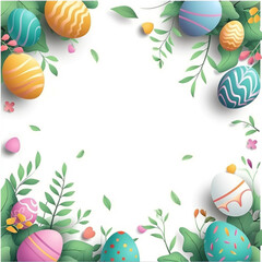 Decorative border with colorful Easter eggs and greenery on white