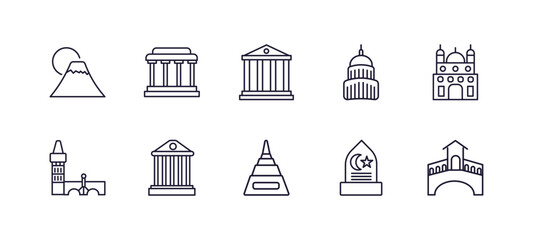 editable outline icons set. thin line icons from buildings collection. linear icons such as fuji mountain, lincoln memorial, capitol building, gurdwara, buddist cemetery, rialto bridge